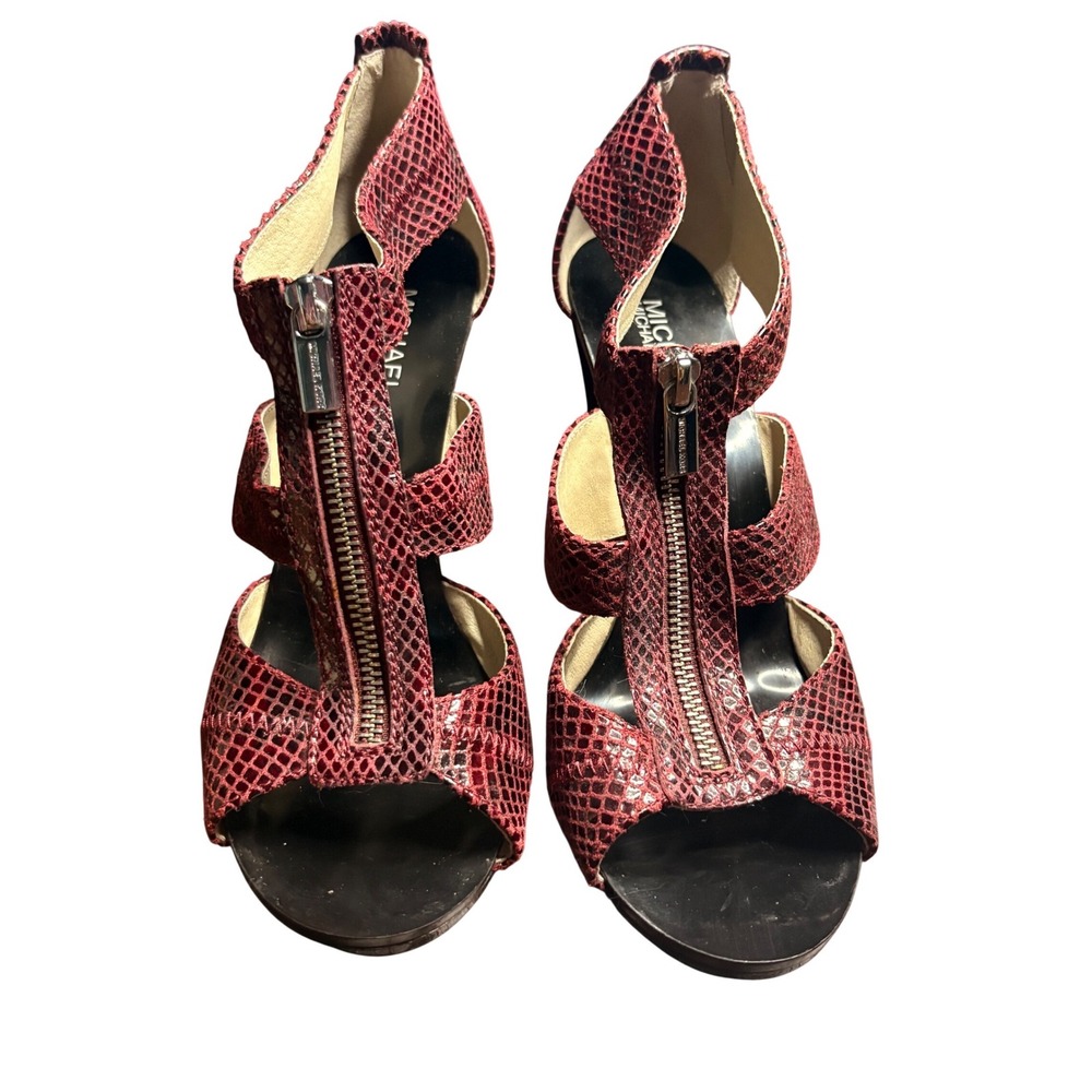 Michael Kors Burgundy Snakeskin Embossed Leather Zip Front Heels Women's 10M